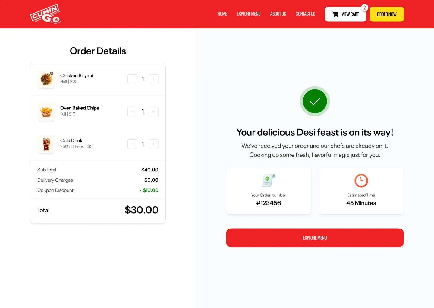 CuminGo order details and confirmation