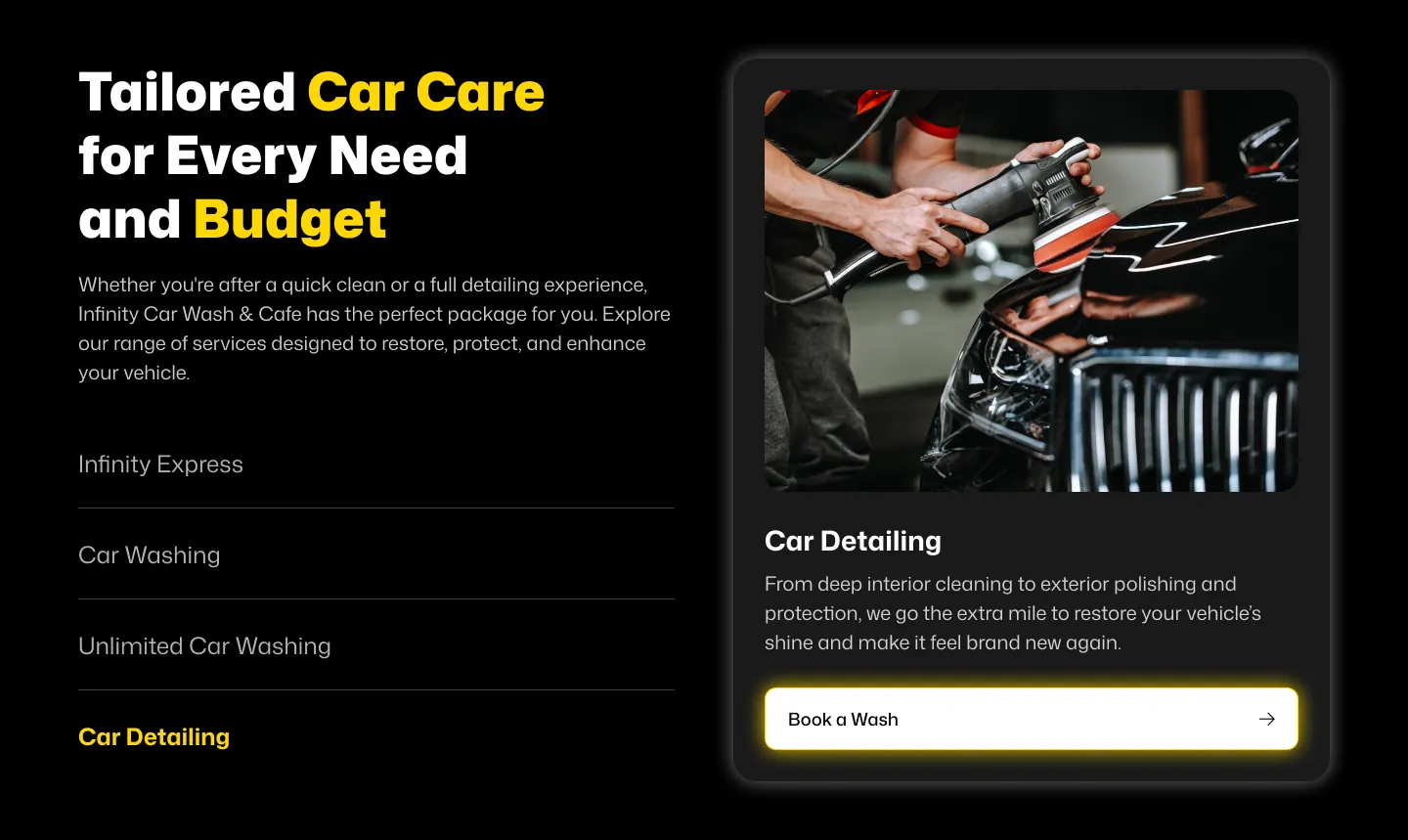 Infinity Car Wash services section: car detailing