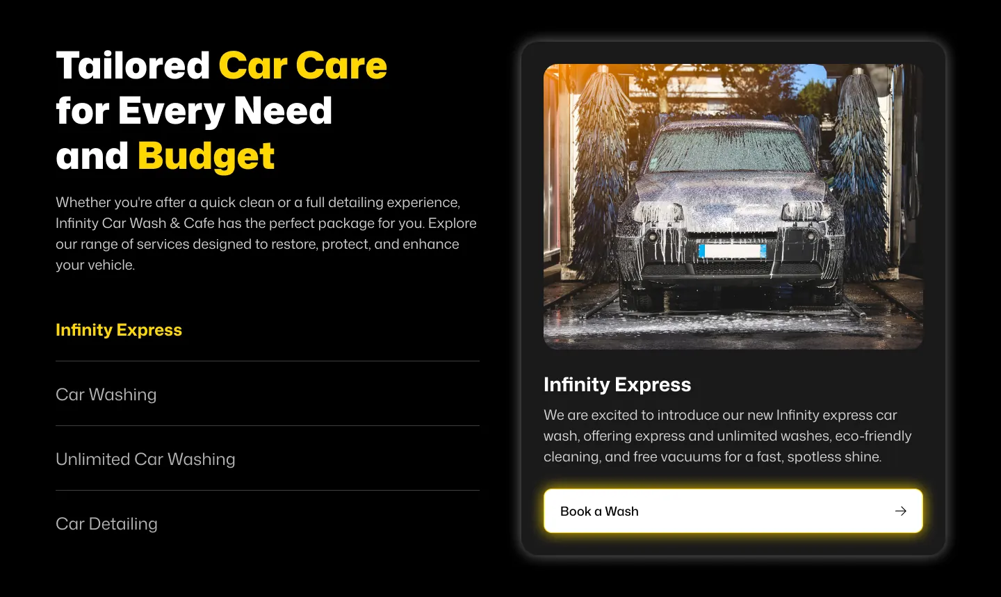 Infinity Car Wash services section: infinity express