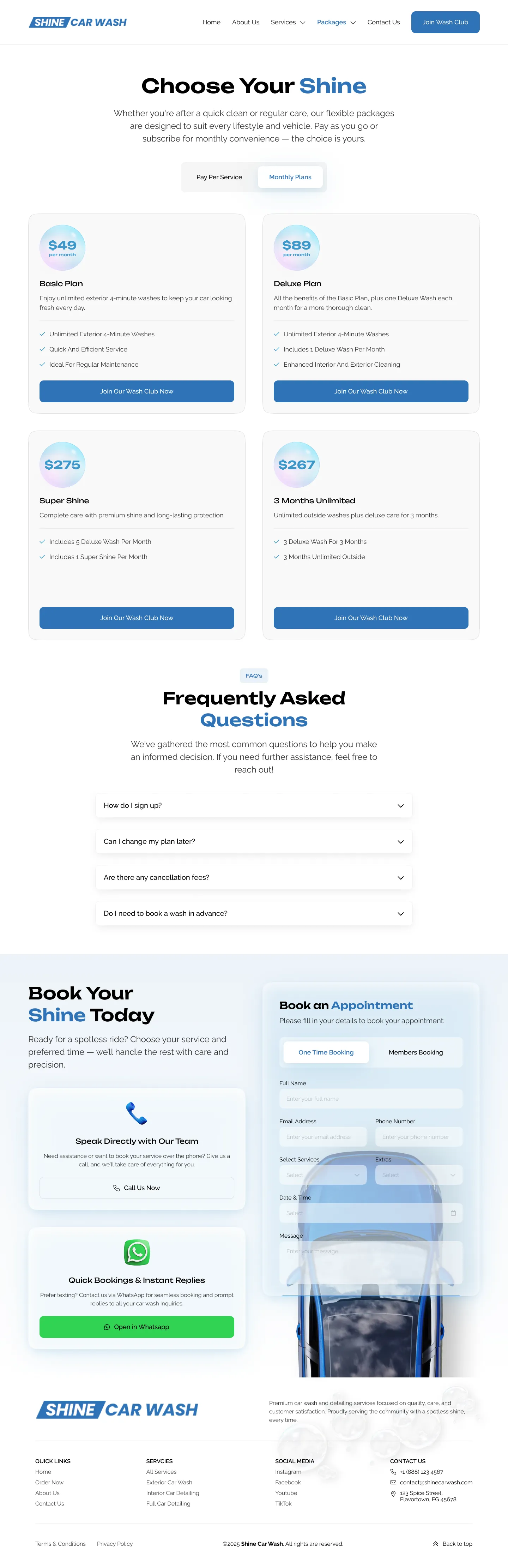 Shine Car Wash packages page